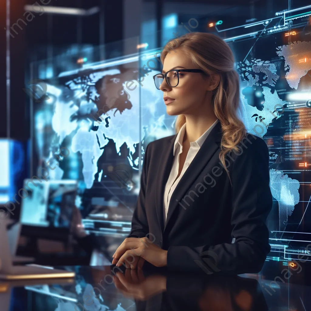 Businesswoman analyzing cybersecurity trends on a holographic interface - Image 3