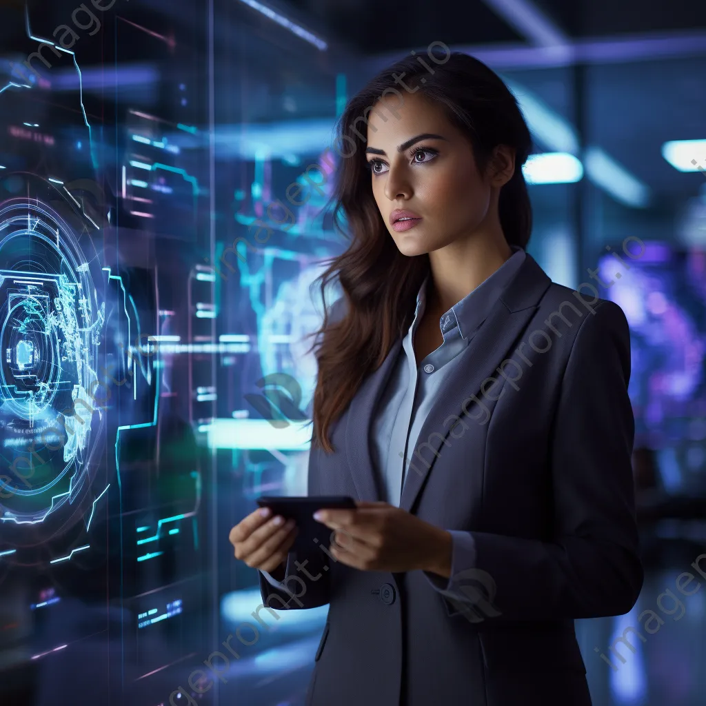 Businesswoman analyzing cybersecurity trends on a holographic interface - Image 4