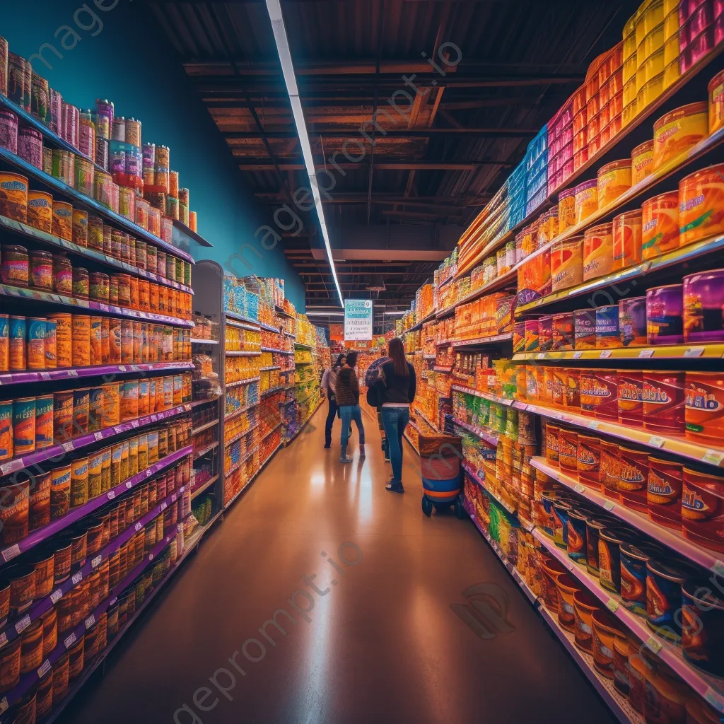 Canned goods aisle with shoppers exploring colorful product options. - Image 1