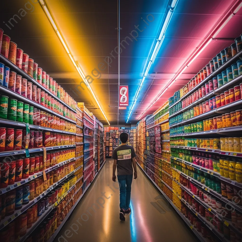 Canned goods aisle with shoppers exploring colorful product options. - Image 3