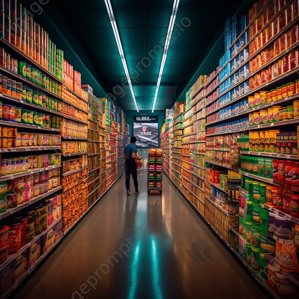 Canned goods aisle with shoppers exploring colorful product options. - Image 4