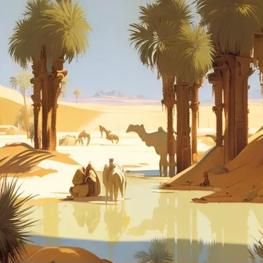 Desert oasis with palm trees, water pool, and resting camels - Image 1