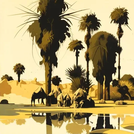 Desert oasis with palm trees, water pool, and resting camels - Image 2