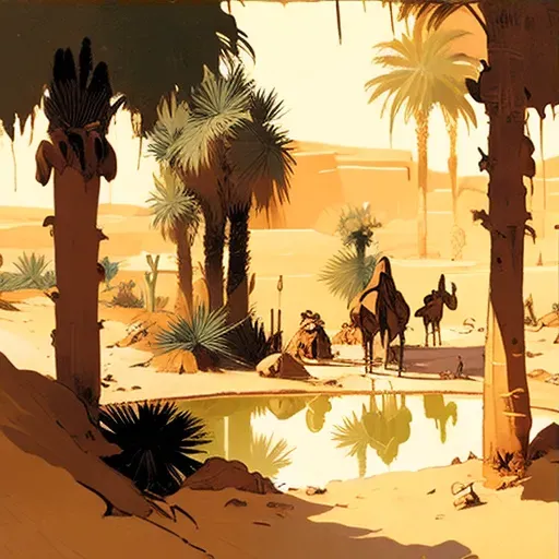 Desert oasis with palm trees, water pool, and resting camels - Image 3