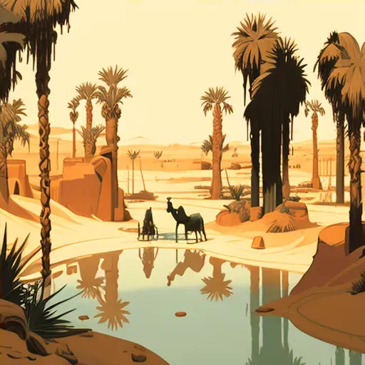 Desert oasis with palm trees, water pool, and resting camels - Image 4