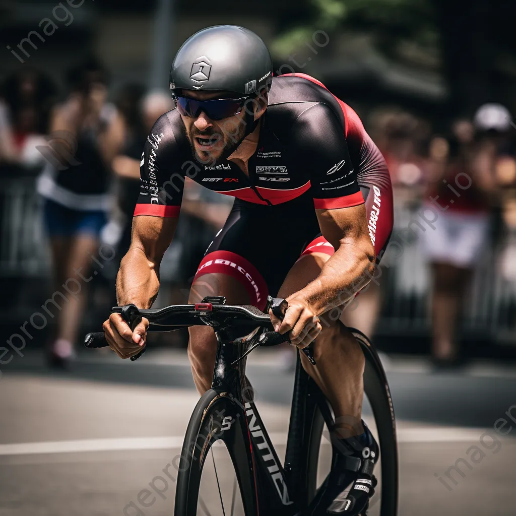 Triathlete transitioning from cycling to running during a triathlon - Image 1