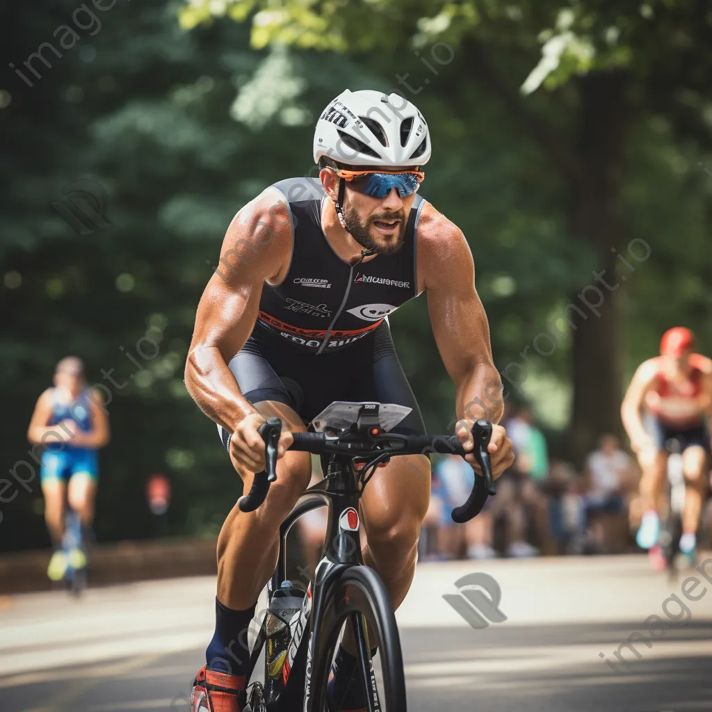 Triathlete transitioning from cycling to running during a triathlon - Image 3