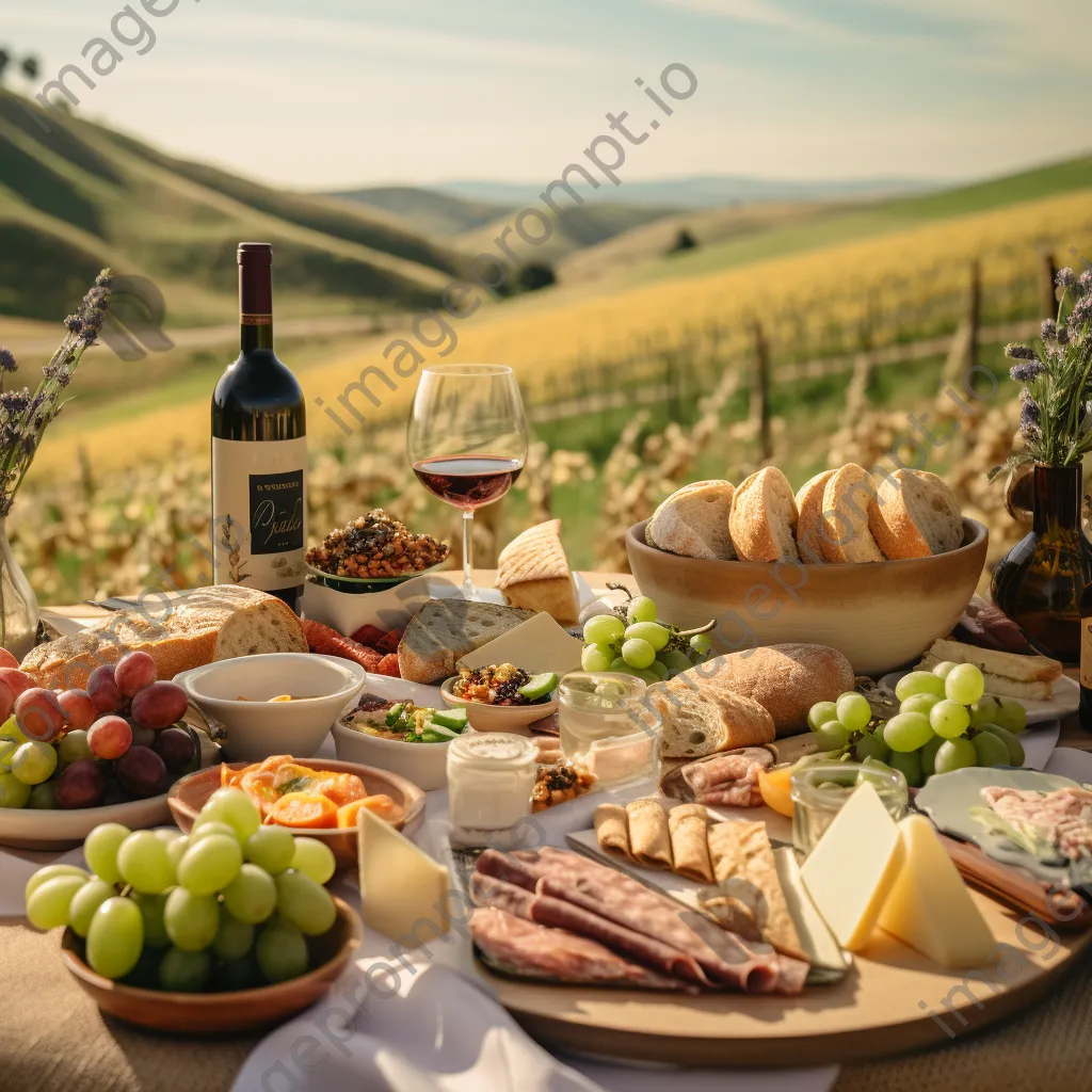 Gourmet picnic setup in vineyard with scenic view - Image 2