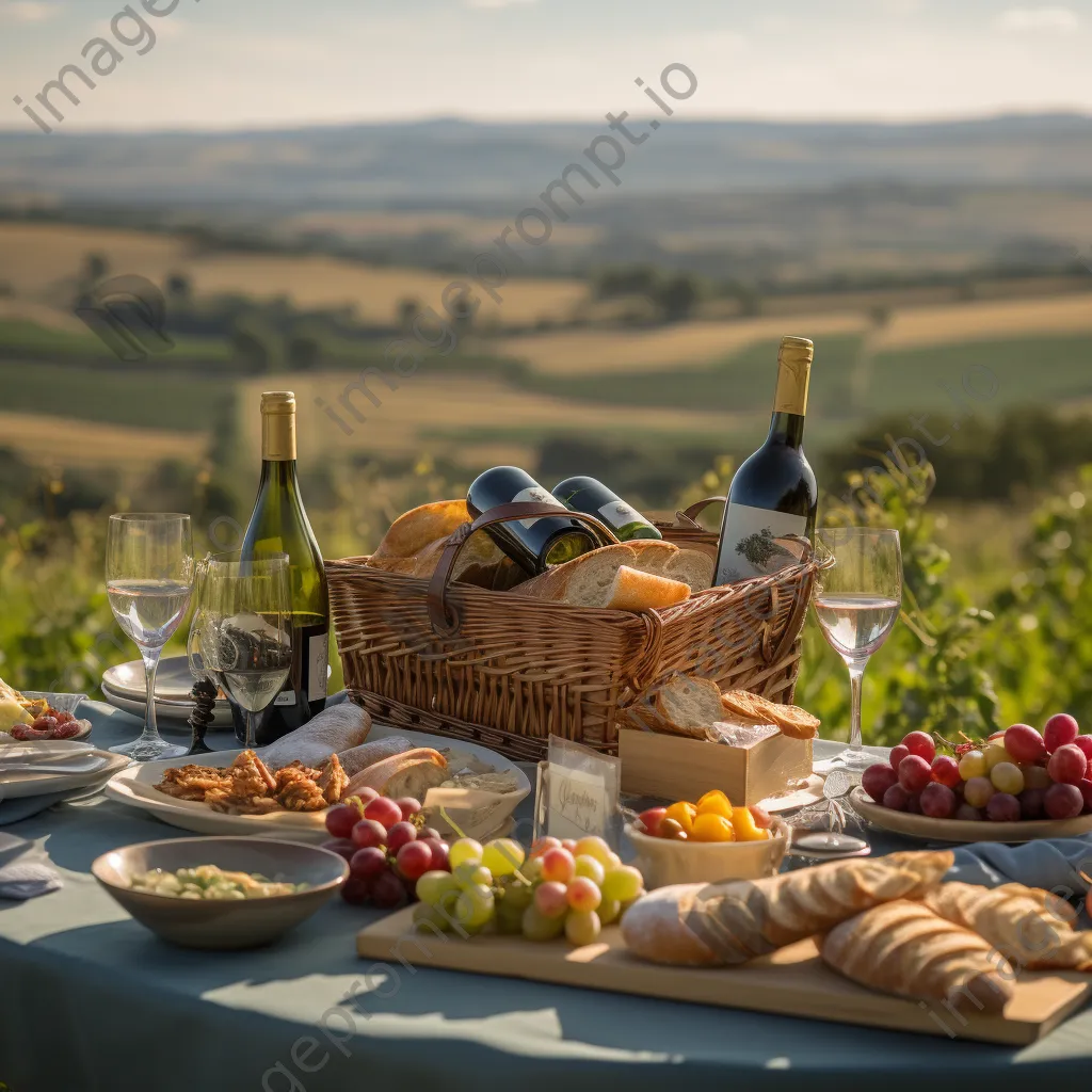 Gourmet picnic setup in vineyard with scenic view - Image 3