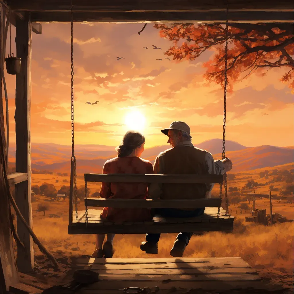 Elderly couple on porch swing in scenic landscape - Image 1