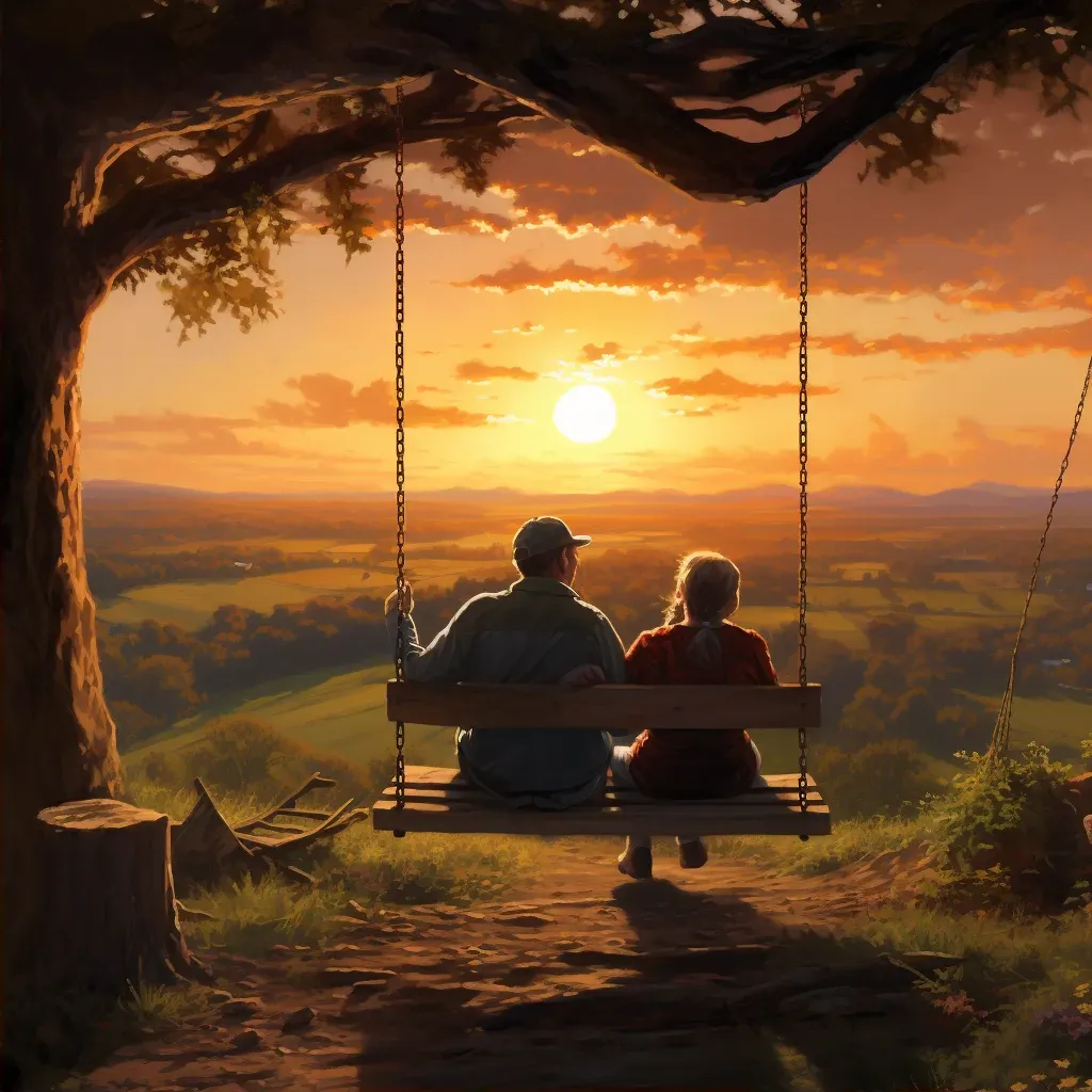 Elderly couple on porch swing in scenic landscape - Image 2