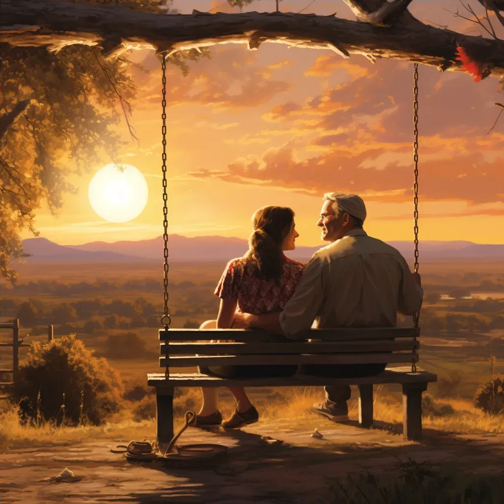 Elderly couple on porch swing in scenic landscape - Image 4