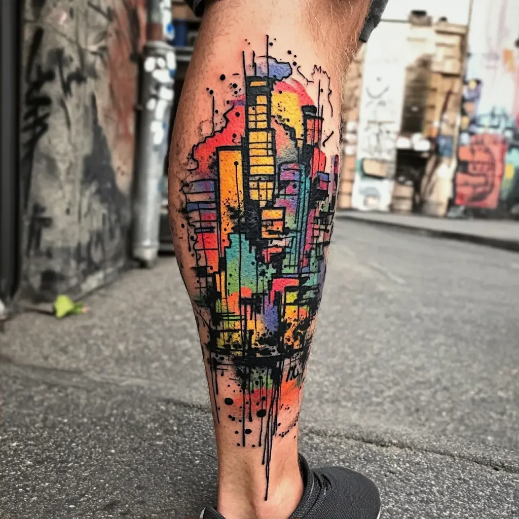 A leg tattoo with vivid colors set against a grayscale cityscape - Image 2