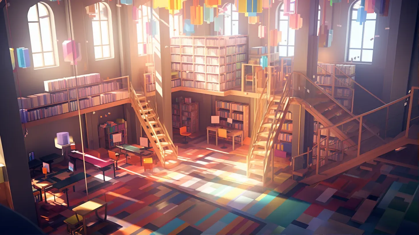 Isometric view of a grand low poly library filled with colorful books - Image 1