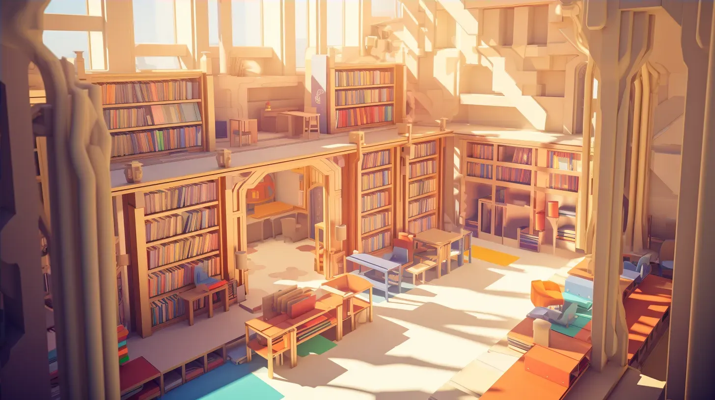 Isometric view of a grand low poly library filled with colorful books - Image 4