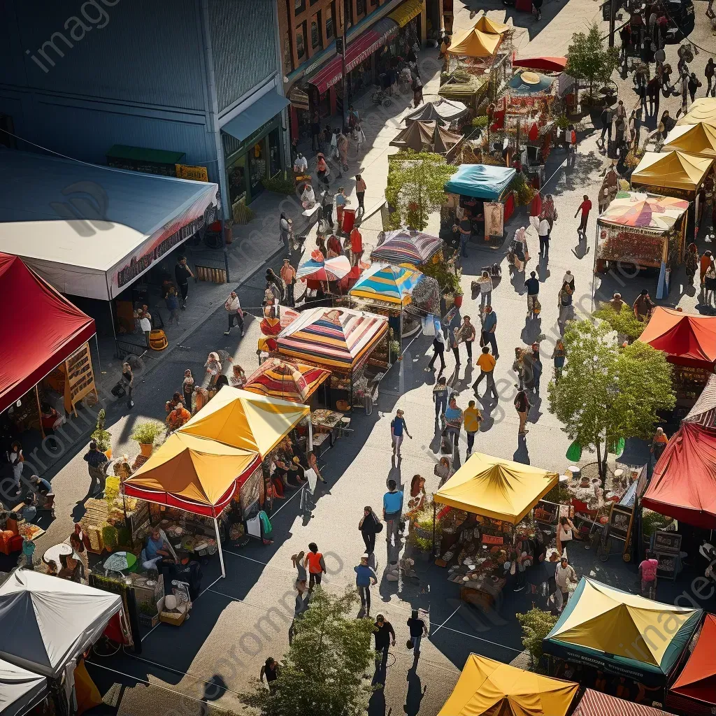 Aerial view of bustling city market with colorful tents and people - Image 1