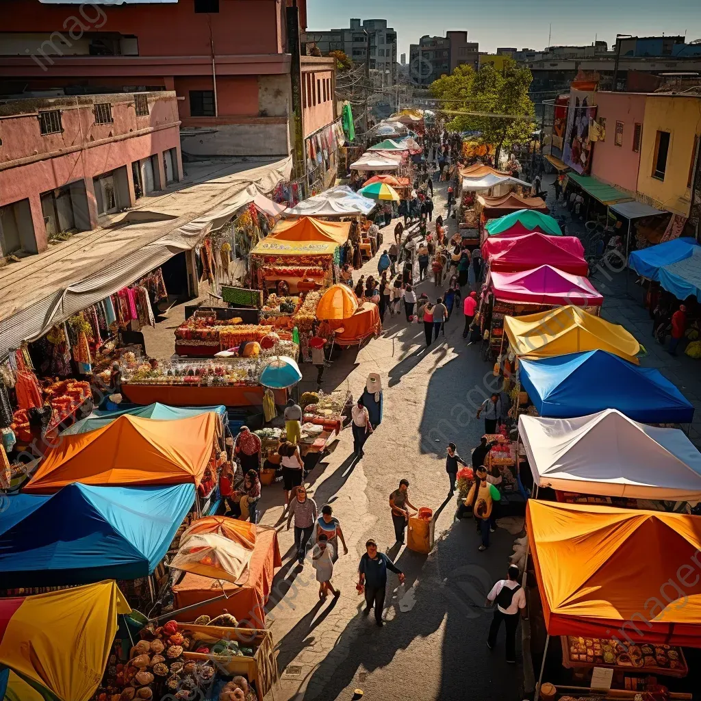 Aerial view of bustling city market with colorful tents and people - Image 2