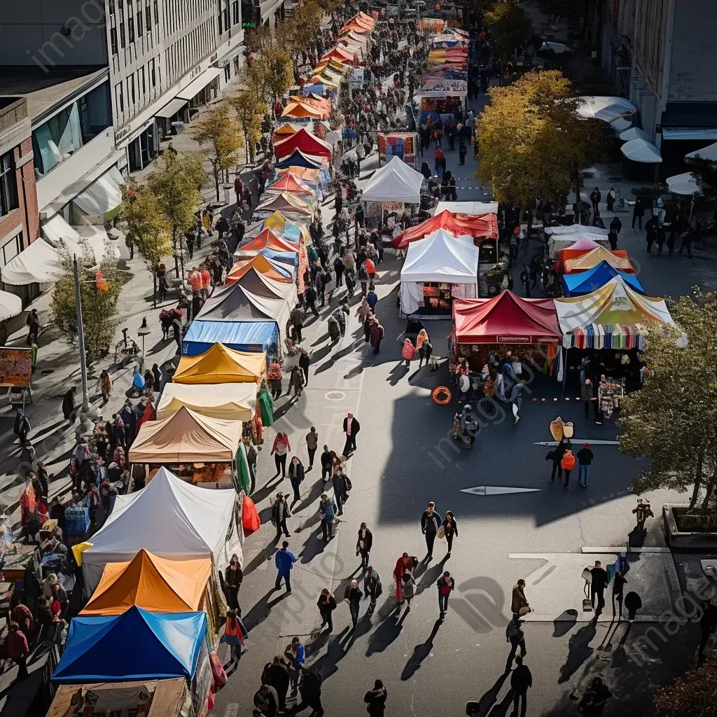 Aerial view of bustling city market with colorful tents and people - Image 4