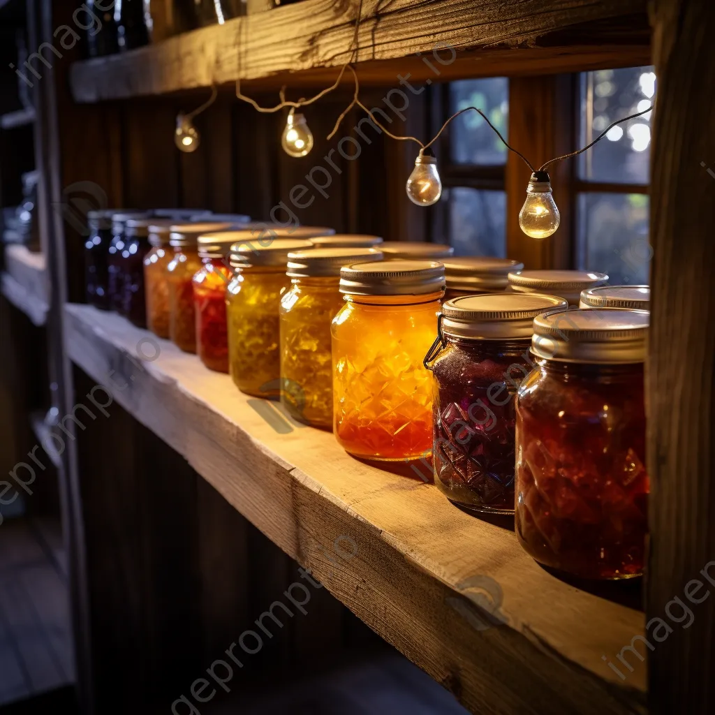 Close-up of homemade preserves on shelf in root cellar. - Image 2