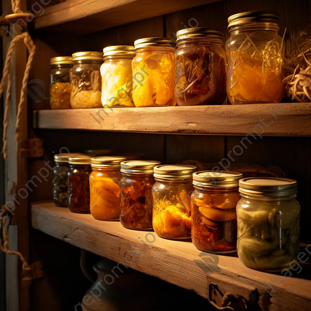 Close-up of homemade preserves on shelf in root cellar. - Image 3