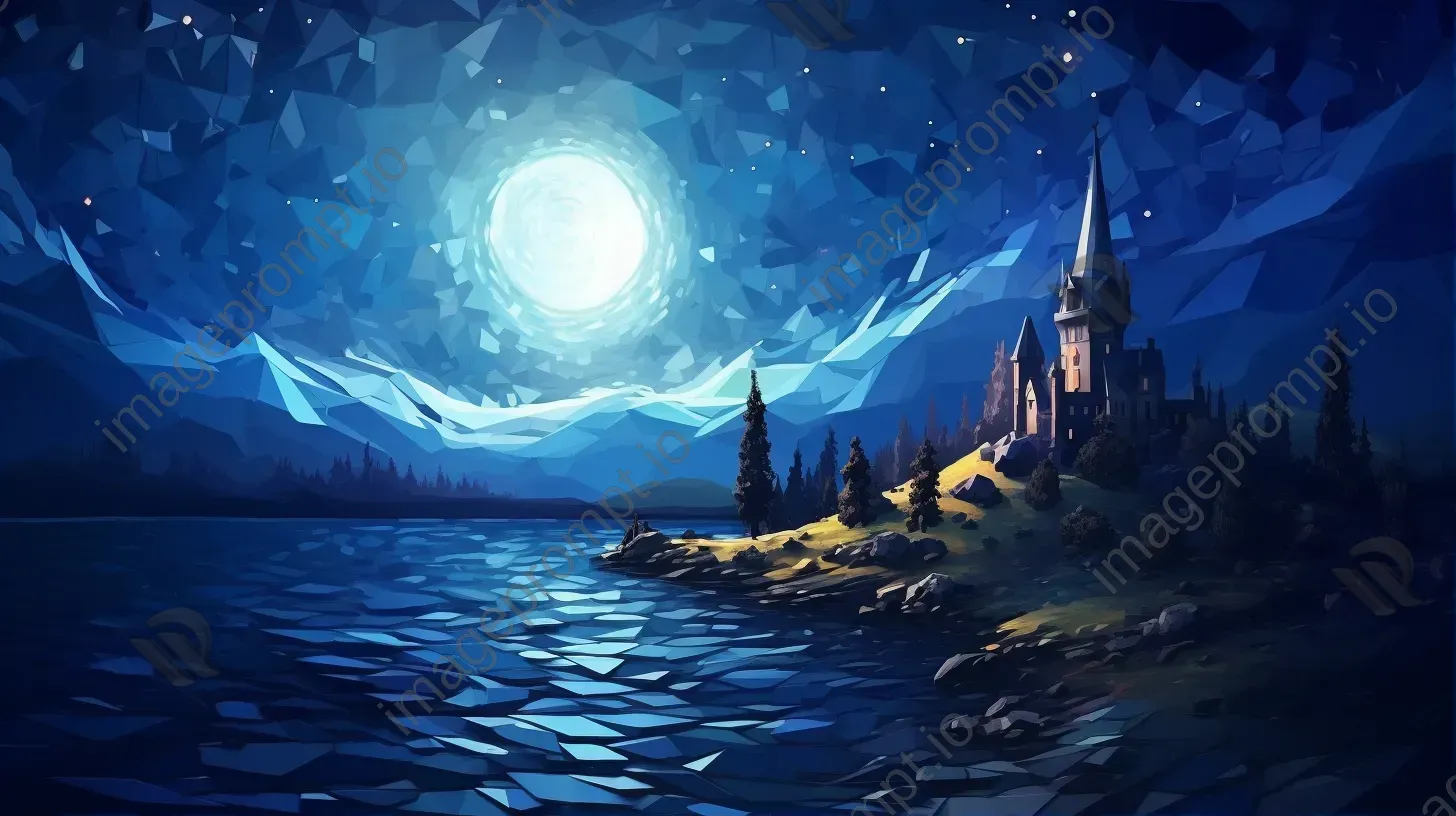 Impressionist starry night in tones of blue, low poly style - Image 1