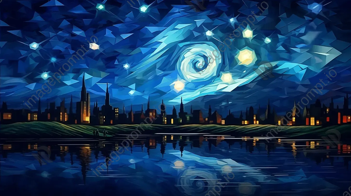 Impressionist starry night in tones of blue, low poly style - Image 4