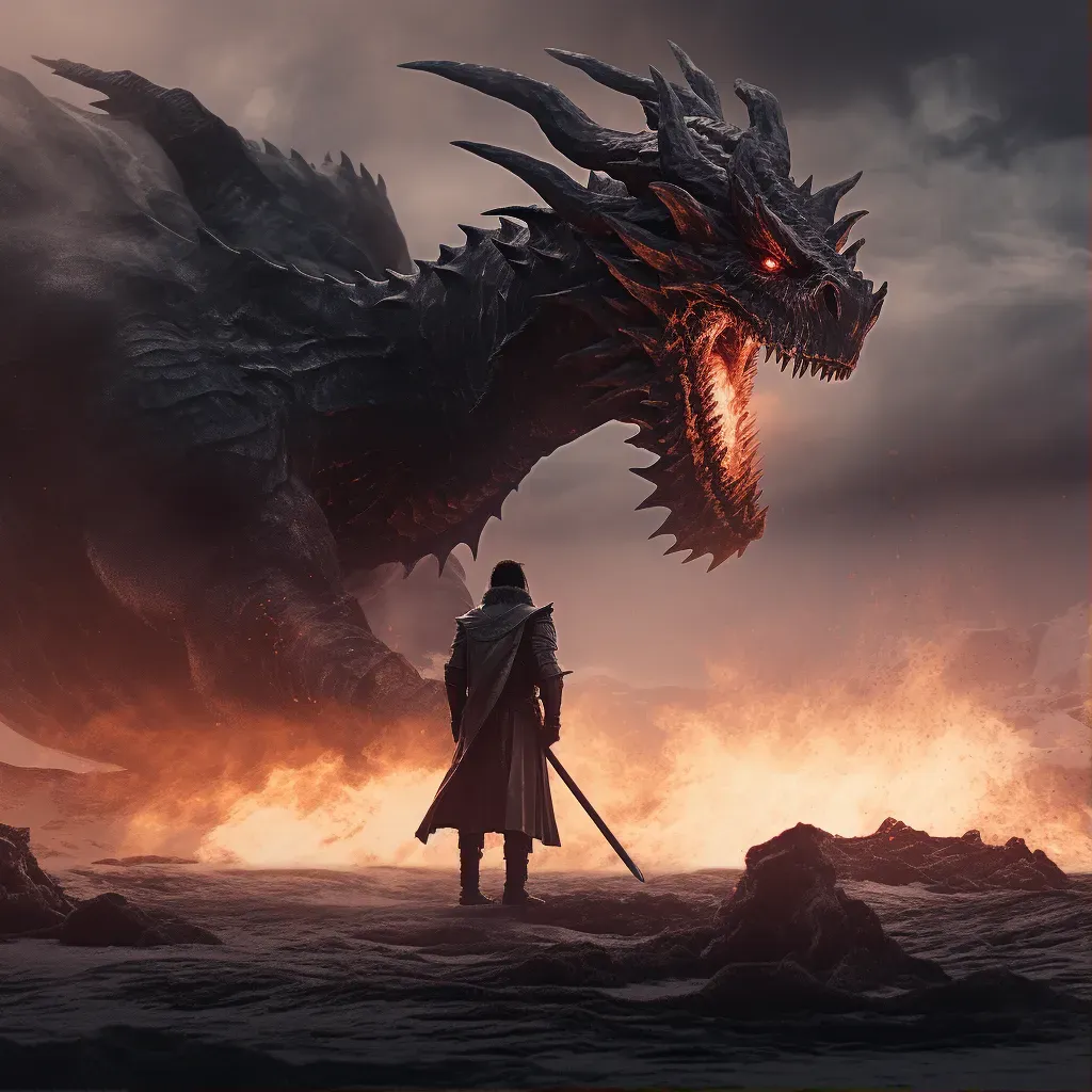 Knight confronting a fire-breathing dragon in a desolate landscape - Image 1