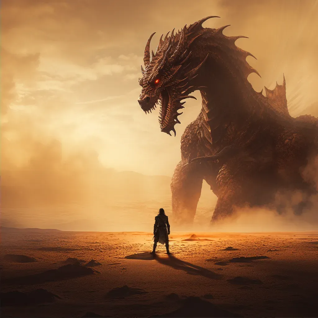 Knight confronting a fire-breathing dragon in a desolate landscape - Image 2