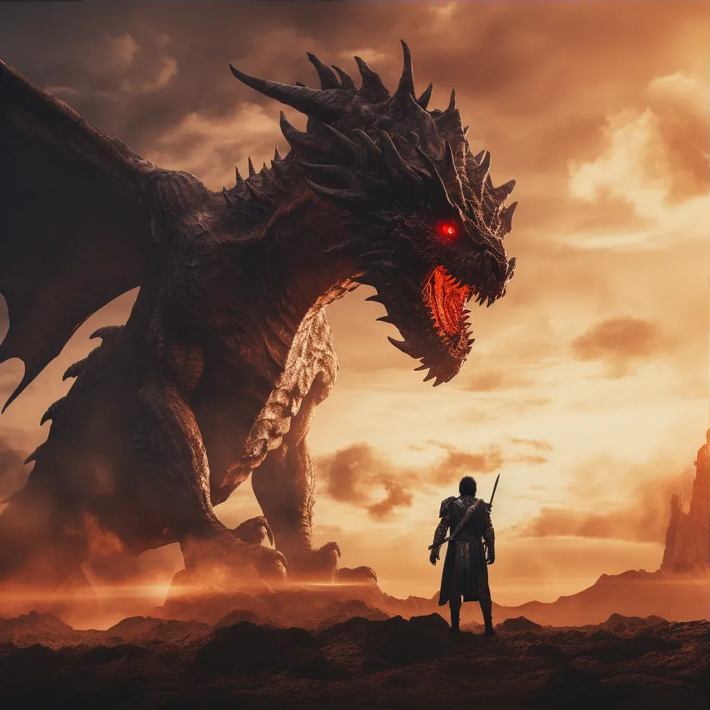 Knight confronting a fire-breathing dragon in a desolate landscape - Image 3