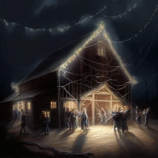 Rustic barn dance with community under string lights - Image 1