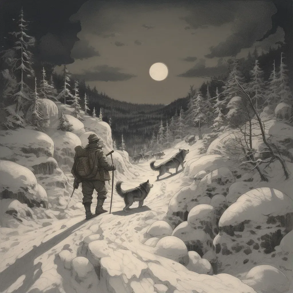 Man Trekking Through Snowy Wilderness with Pack of Wolves Under Full Moon