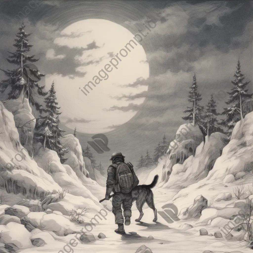 Man trekking through snowy wilderness with pack of wolves under full moon - Image 3