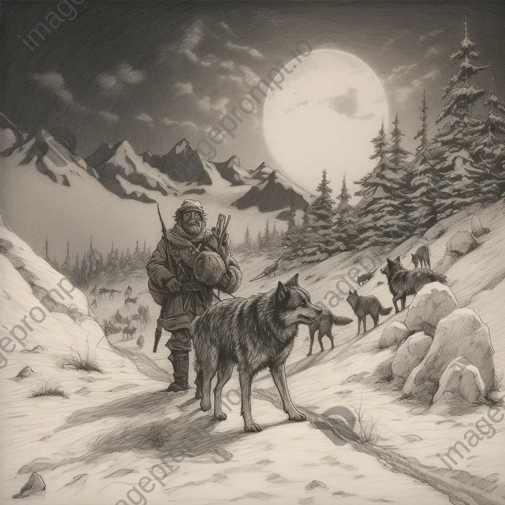 Man trekking through snowy wilderness with pack of wolves under full moon - Image 4