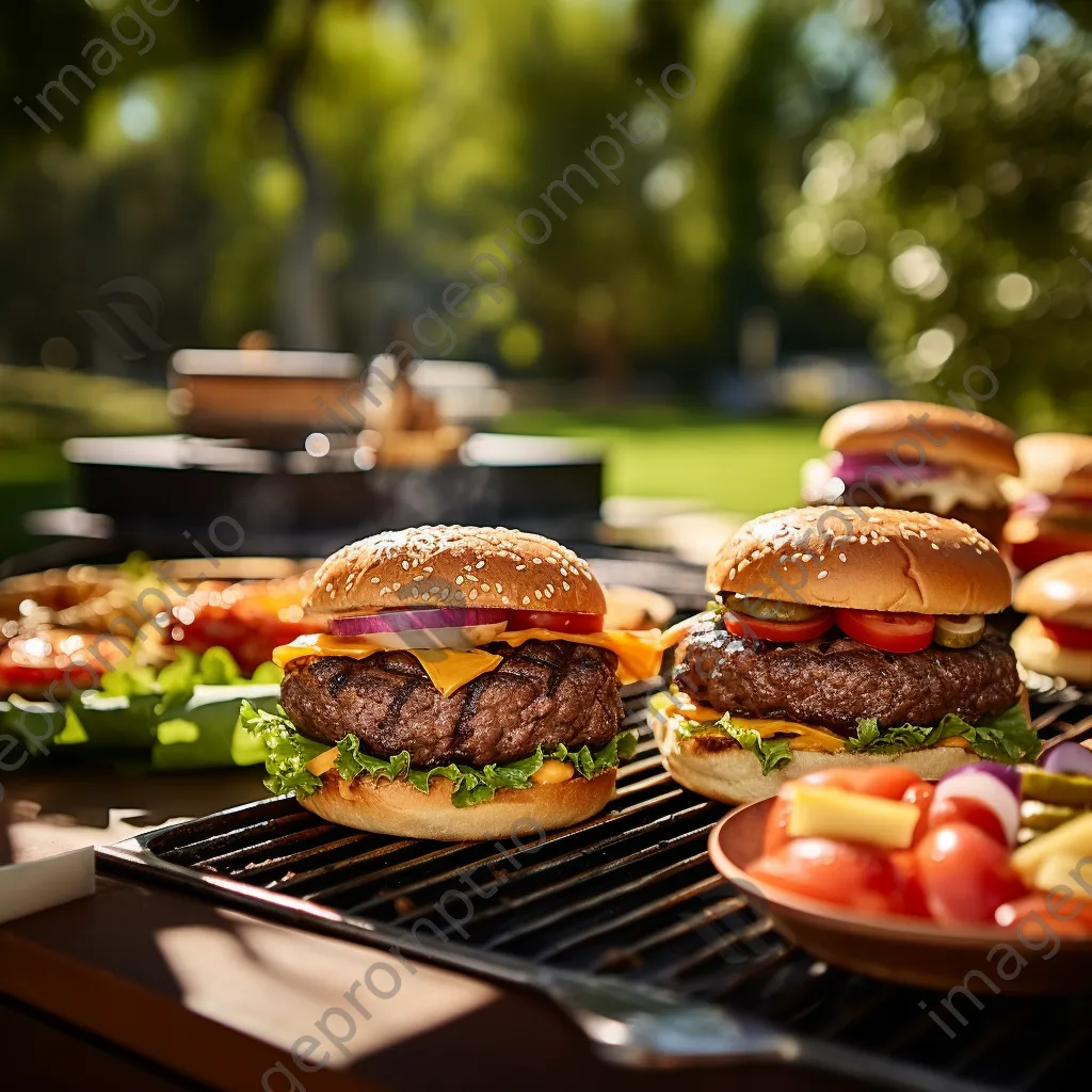 Burgers grilling with toppings on a bright summer day - Image 1