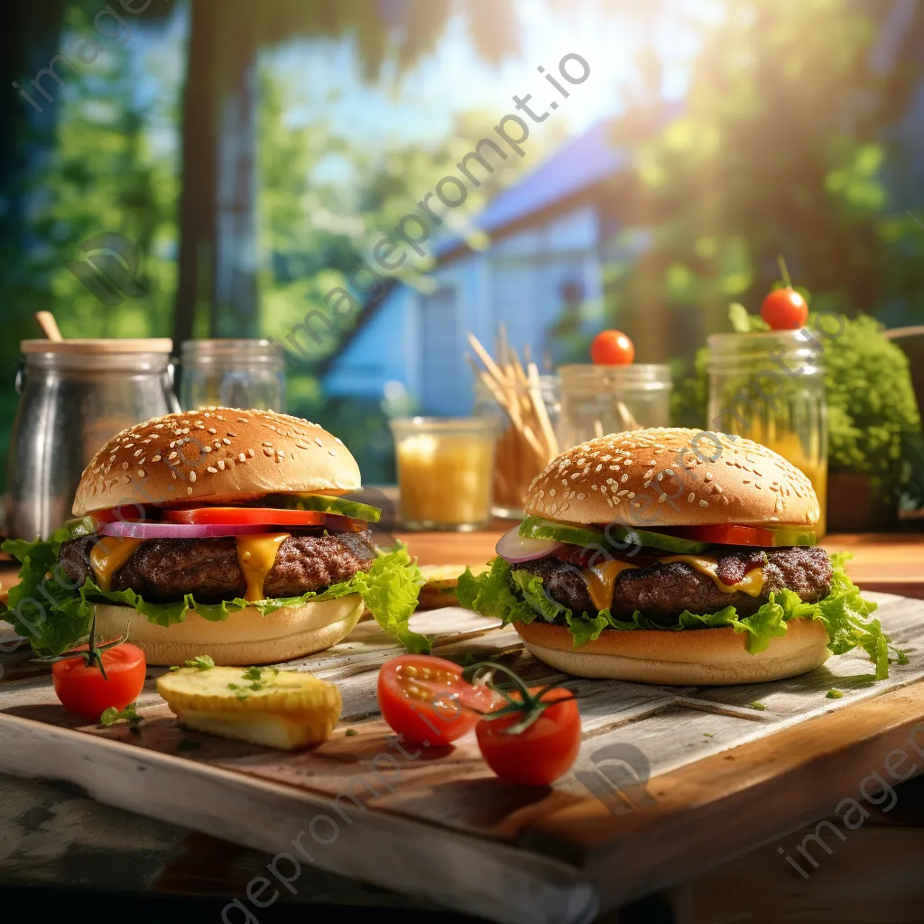 Burgers grilling with toppings on a bright summer day - Image 2