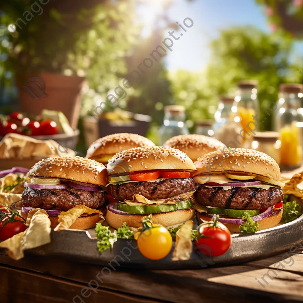 Burgers grilling with toppings on a bright summer day - Image 3