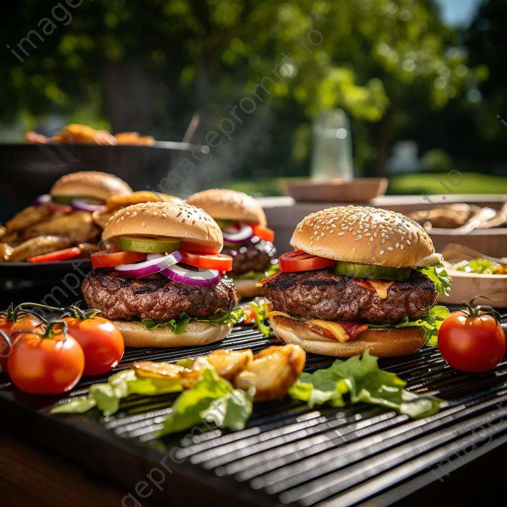 Burgers grilling with toppings on a bright summer day - Image 4