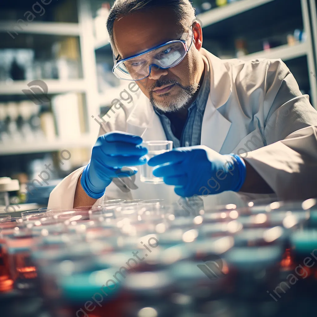 Close-up of a scientist with gloves handling petri dishes. - Image 1