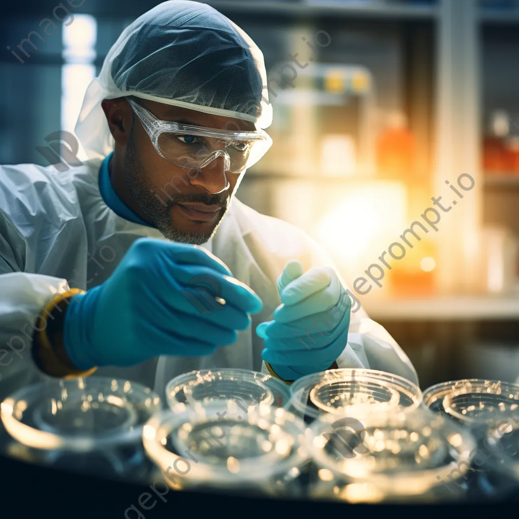 Close-up of a scientist with gloves handling petri dishes. - Image 3