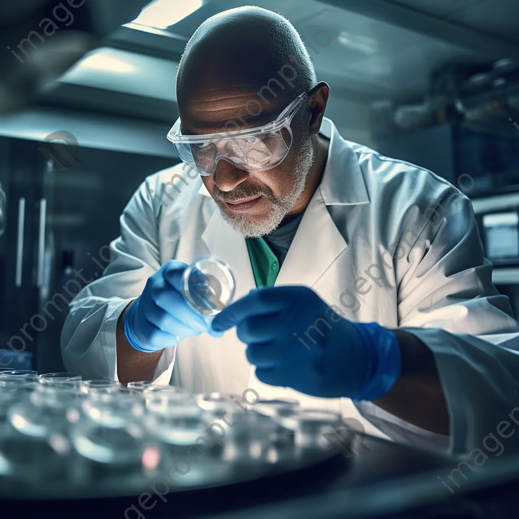 Close-up of a scientist with gloves handling petri dishes. - Image 4