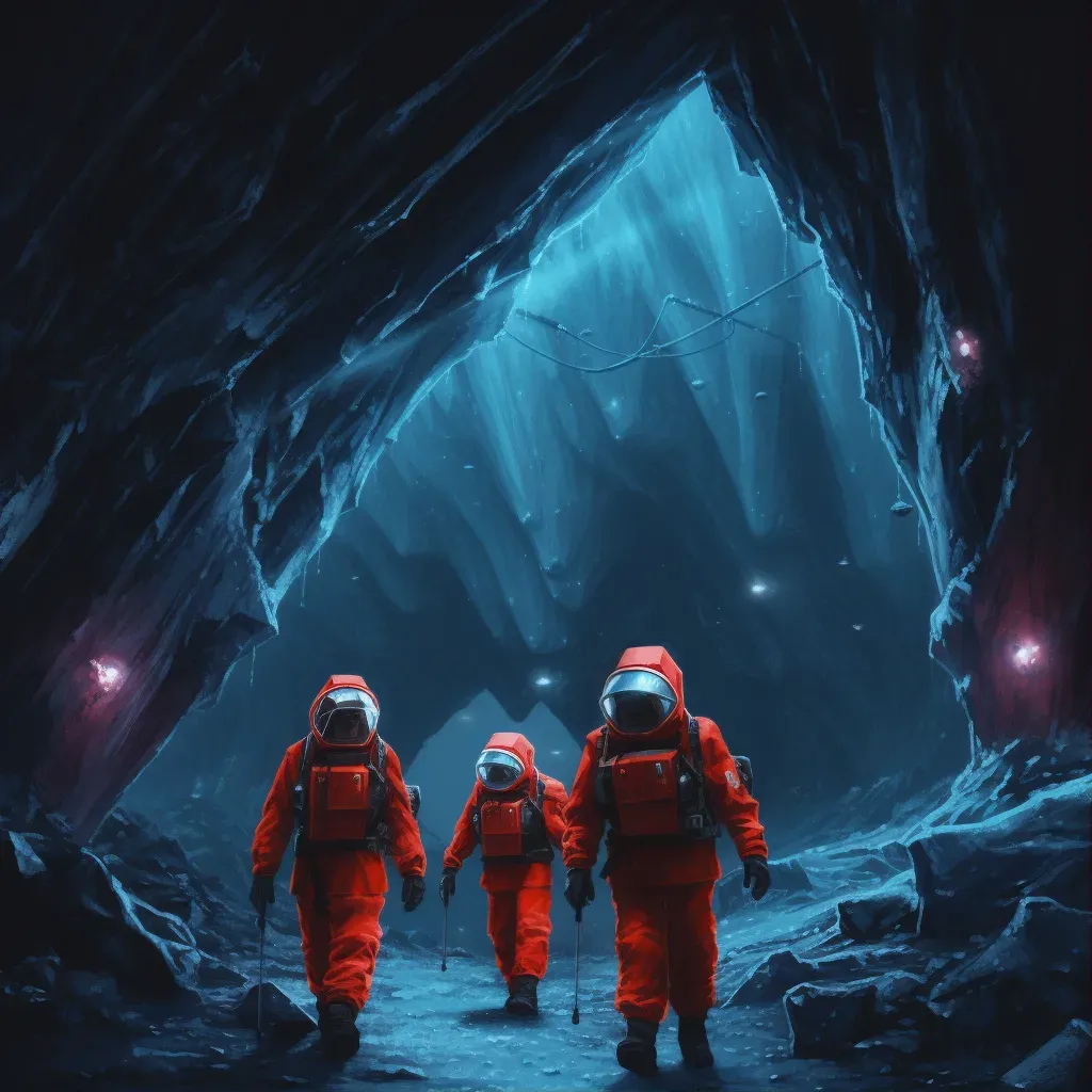 Illustration of explorers in exosuits exploring icy comet caves - Image 1