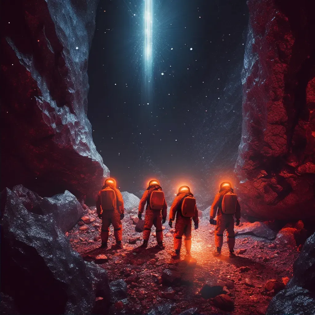 Illustration of explorers in exosuits exploring icy comet caves - Image 2