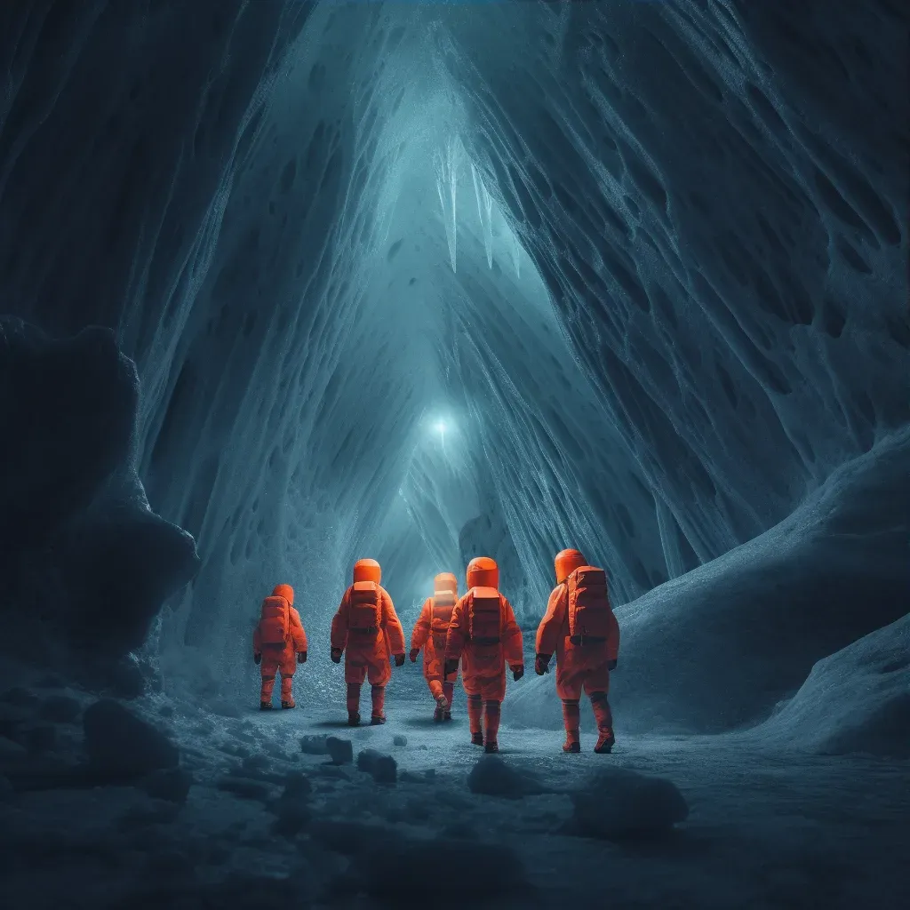 Illustration of explorers in exosuits exploring icy comet caves - Image 3