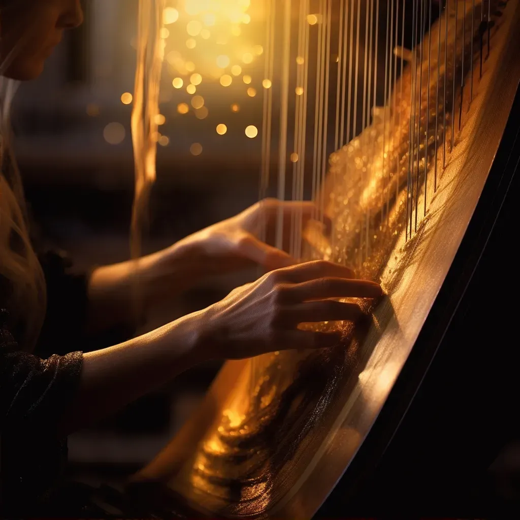 Hand plucking the strings of a harp under soft golden light - Image 2