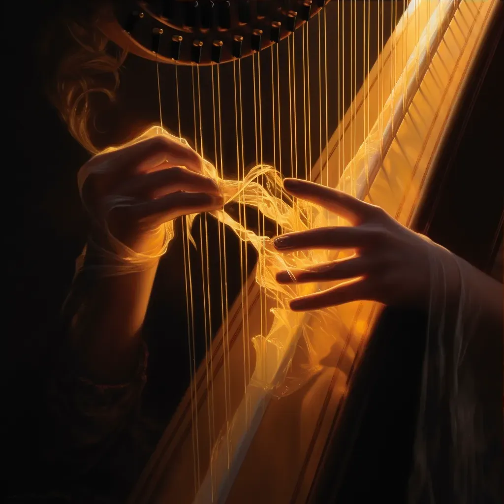 Hand plucking the strings of a harp under soft golden light - Image 3