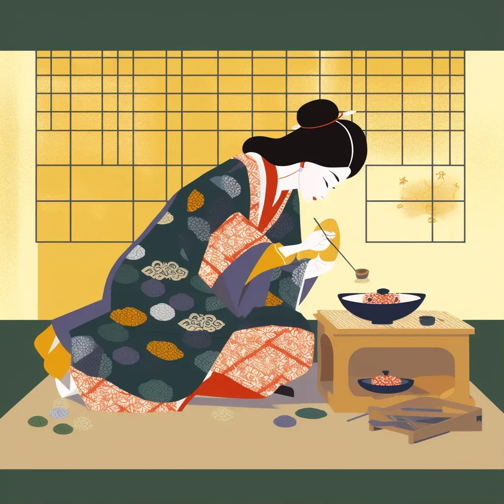 Traditional Japanese tea ceremony with woman in kimono pouring tea - Image 1