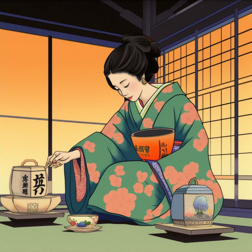 Traditional Japanese tea ceremony with woman in kimono pouring tea - Image 2