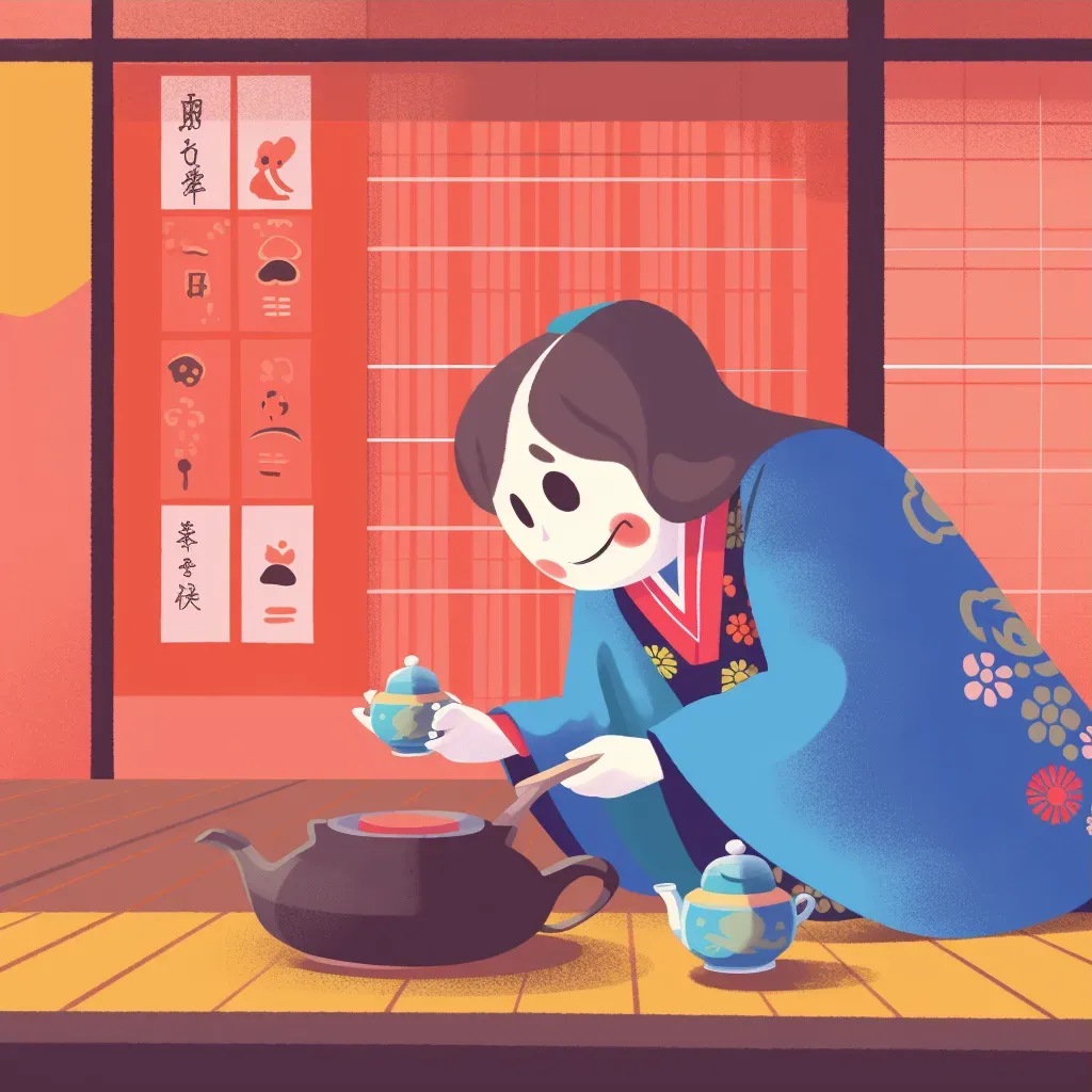 Traditional Japanese tea ceremony with woman in kimono pouring tea - Image 3