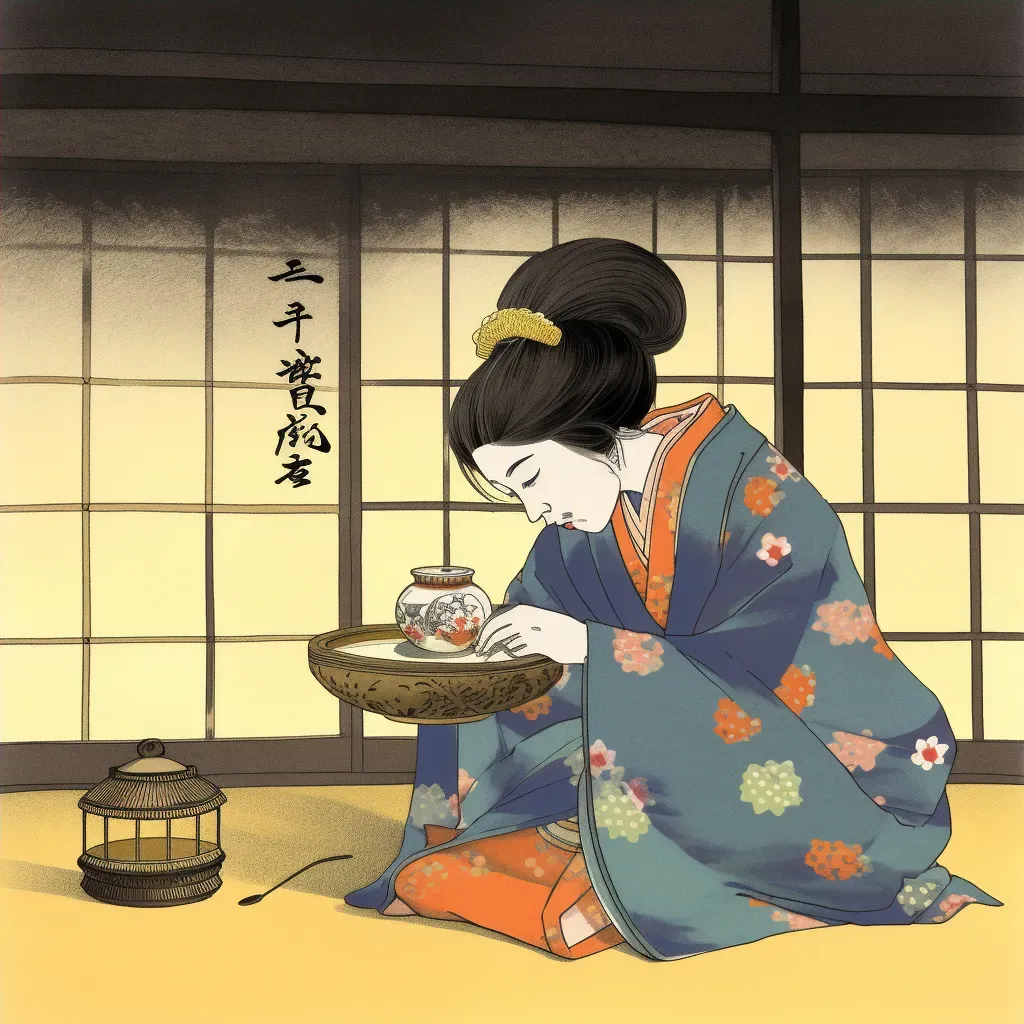 Traditional Japanese tea ceremony with woman in kimono pouring tea - Image 4