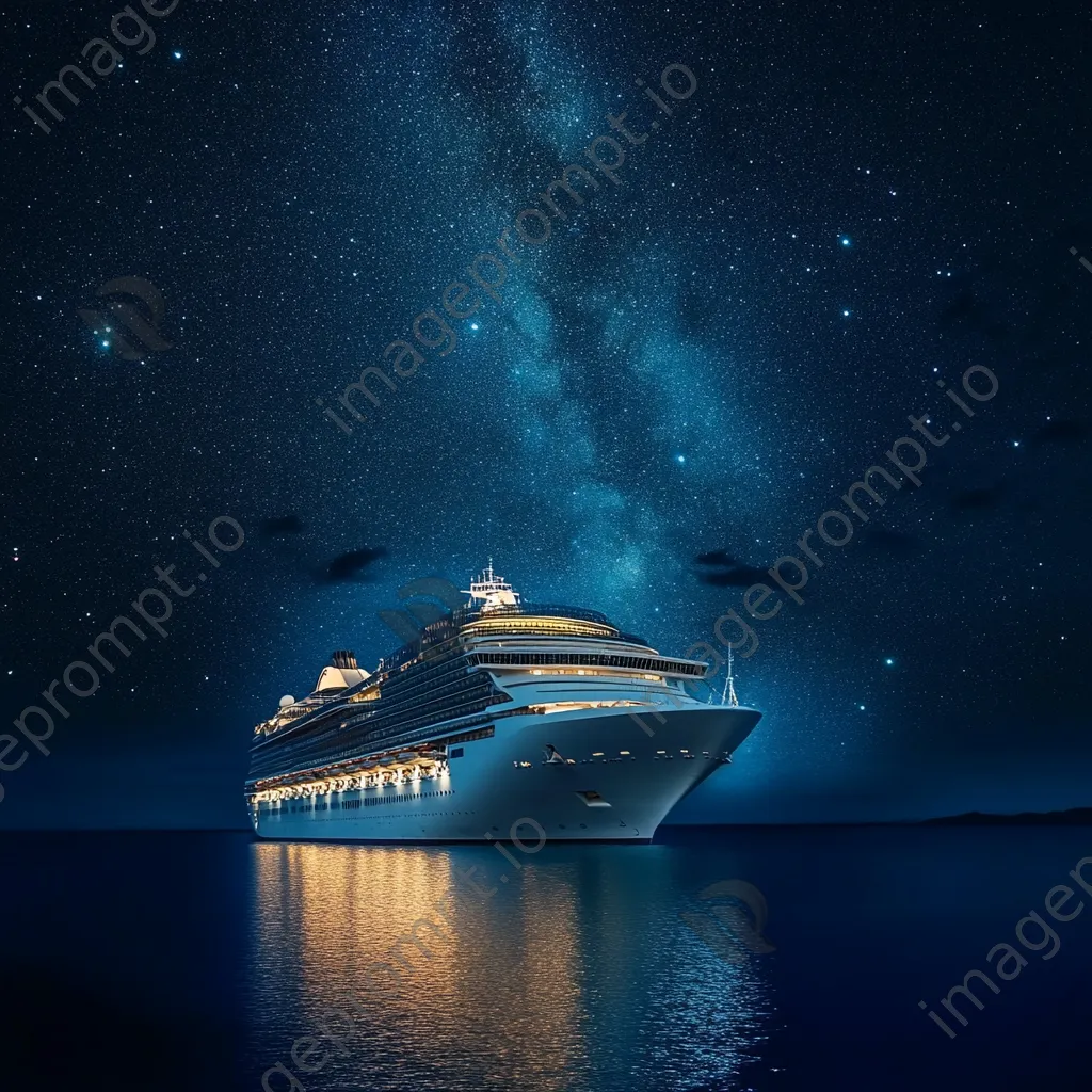 Luxury cruise ship illuminated at night under starry sky. - Image 1